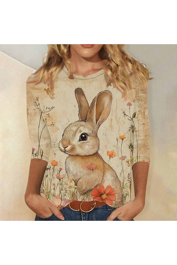 Easter Apparel for Women Realistic Bunny Rabbit Painting Graphic Print Crewneck Three Quarter Sleeve Soft Fabric Casual Festive Holiday T-Shirt