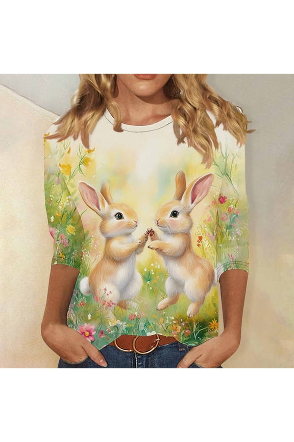Easter Apparel for Women Realistic Bunny Rabbit Painting Graphic Print Crewneck Three Quarter Sleeve Soft Fabric Casual Festive Holiday T-Shirt