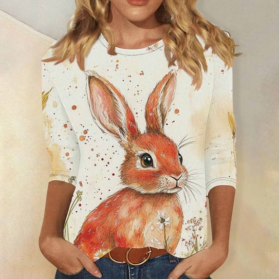 Easter Apparel for Women Realistic Bunny Rabbit Painting Graphic Print Crewneck Three Quarter Sleeve Soft Fabric Casual Festive Holiday T-Shirt