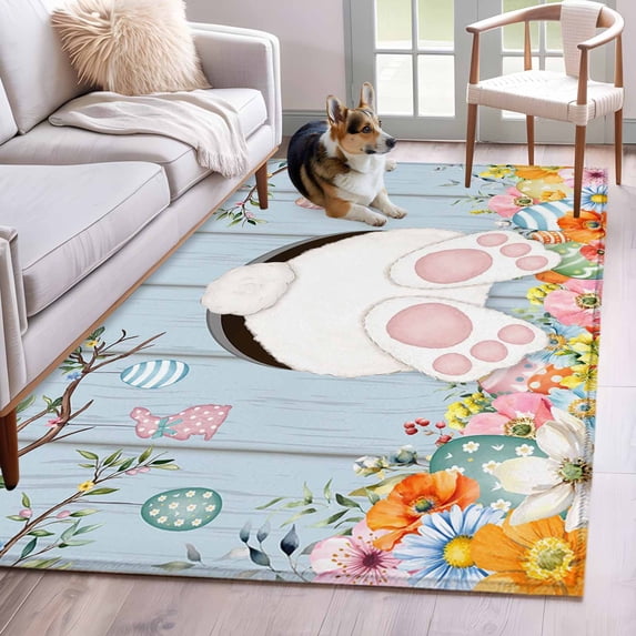 Easter Area Rug 3x5 Washable Rug Non Slip Spring Watercolor Bunny Eggs Flower Wood Grain Blue Large Area Rug Indoor Floor Carpet for Entryway Bedroom Kitchen Living Room Home Office Dining Room