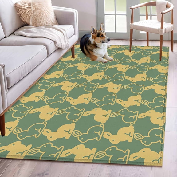 Easter Area Rug 4'x6', Cute Cartoon Rabbits Bunny Animal Yellow Green Washable Non-Slip Rugs, Low Pile Large Carpet for Living Room Bedroom Dining Room Kitchen Office Indoor Mat