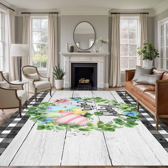 Easter Area Rug 5x8 Washable Rug Non Slip Spring Colorful Egg Flower Leaf Grey Wood Grain Plaid Large Area Rug Soft Stainresistant Indoor Floor Carpet for Living Room Bedroom Home Office Dining Room