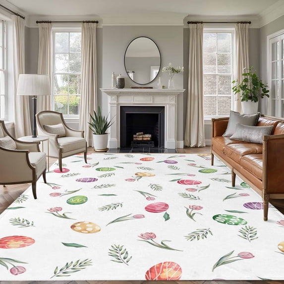 Easter Area Rug 5x8 Washable Rug Non Slip Spring Colorful Eggs Tulip Flowers Leaf Plant Large Area Rug Soft Stainresistant Indoor Floor Carpet for Living Room Bedroom Home Office Dining Room Nursery
