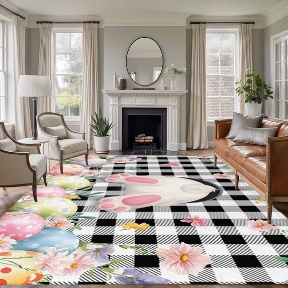 Easter Area Rug 8x10 Washable Rug Non Slip Spring Bunny Feet Flowers Eggs Black Buffalo Plaid Large Area Rug Soft Stainresistant Indoor Floor Carpet for Living Room Bedroom Home Office Dining Room