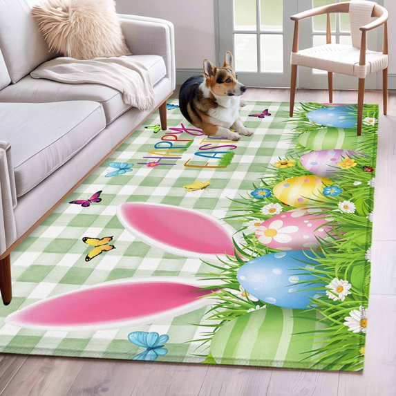 Easter Area Rugs 2.7'x5', Washable Small Throw Rugs for Kitchen Bedroom, Spring Easter Eggs Bunny Butterflies Green Plaid Indoor Outdoor Rug Non-Slip Low Pile Carpet Runner Reversible Floor Mats