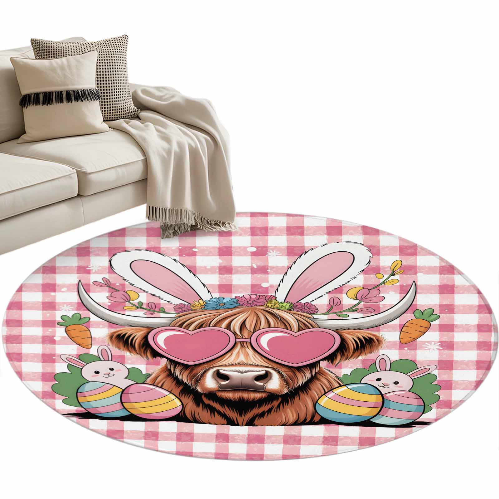 Pink Easter Rug Easter Area Rugs 3.3ft Cartoon Rabbits Eggs Cow Floral Carrots Pink ...