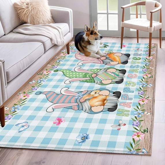 Easter Area Rugs 3'x5', Washable Small Throw Rugs for Living Room Bedroom, Spring Gnomes Bunny Eggs Flowers Blue Checkered Indoor Outdoor Rug Non-Slip Low Pile Carpet Runner Reversible Floor Mats