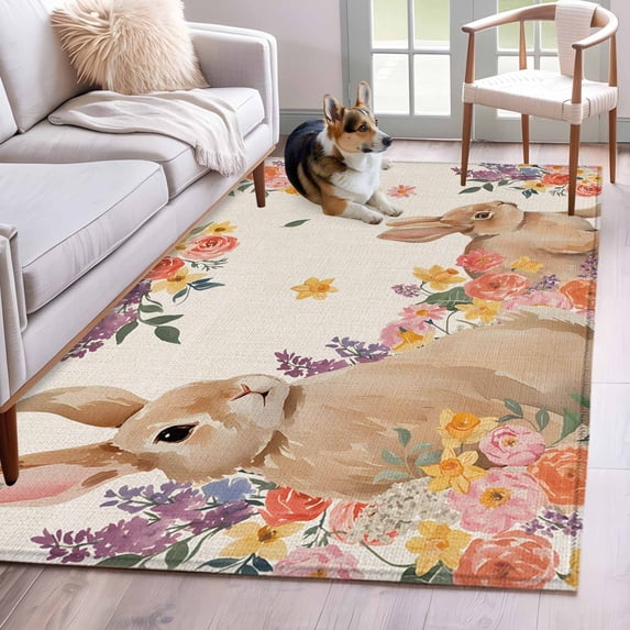 Easter Area Rugs 4'x6', Washable Small Throw Rugs for Office Bathroom, Spring Watercolor Bunny Flower Leaf Plant Indoor Outdoor Rug Non-Slip Low Pile Carpet Runner Reversible Floor Mats