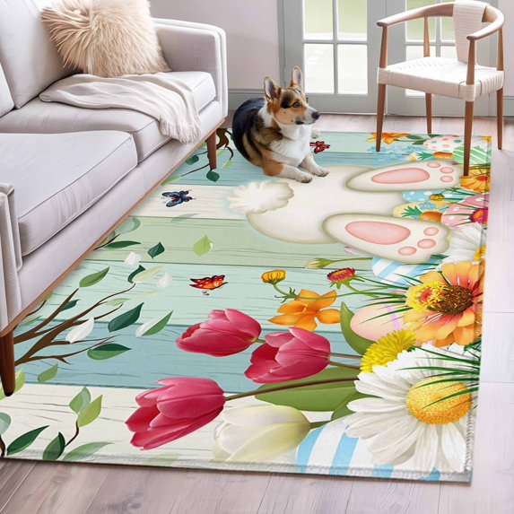 Easter Area Rugs 4'x6', Washable Small Throw Rugs for Office Bathroom, Spring Watercolor Eggs Country Tulip Wooden Grain Indoor Outdoor Rug Non-Slip Low Pile Carpet Runner Reversible Floor Mats