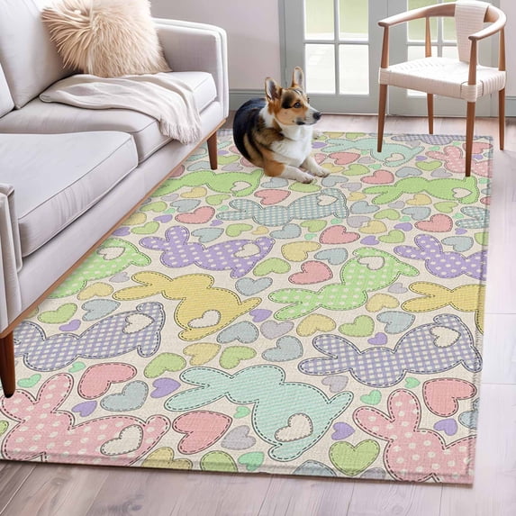 Easter Area Rugs 4'x6', Washable Small Throw Rugs for Office Bathroom, Watercolor Rabbits Love Polka Dots Spring Beige Indoor Outdoor Rug Non-Slip Low Pile Carpet Runner Reversible Floor Mats