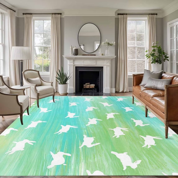 Easter Area Rugs 5'x7', Washable Small Throw Rugs for Laundry Room Playroom, Spring Bunny Silhouette Blue Green Gradient Indoor Outdoor Rug Non-Slip Low Pile Carpet Runner Reversible Floor Mats