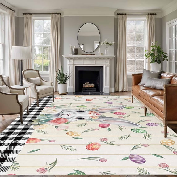 Easter Area Rugs 5'x8', Washable Small Throw Rugs for Classroom Bedroom, Spring Farmhouse Bunny Eggs Flower Black Plaid Indoor Outdoor Rug Non-Slip Low Pile Carpet Runner Reversible Floor Mats
