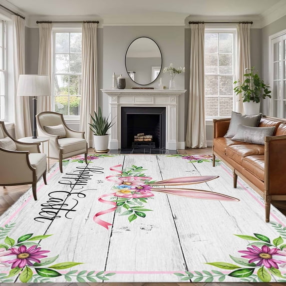 Easter Area Rugs 5'x8', Washable Small Throw Rugs for Classroom Bedroom, Spring Farmhouse Watercolor Bunny Flower Wood Grain Indoor Outdoor Rug Non-Slip Low Pile Carpet Runner Reversible Floor Mats
