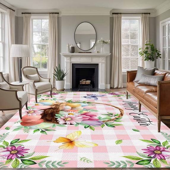 Easter Area Rugs 5'x8', Washable Small Throw Rugs for Classroom Bedroom, Watercolor Eggs Floral Botanical Butterfly Pink Plaid Indoor Outdoor Rug Non-Slip Low Pile Carpet Runner Reversible Floor Mats