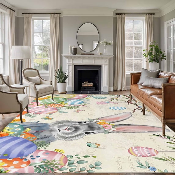 Easter Area Rugs 6'x9', Washable Small Throw Rugs for Kitchen Dining room, Spring Grey Bunny Colorful Eggs Tree Butterfly Indoor Outdoor Rug Non-Slip Low Pile Carpet Runner Reversible Floor Mats