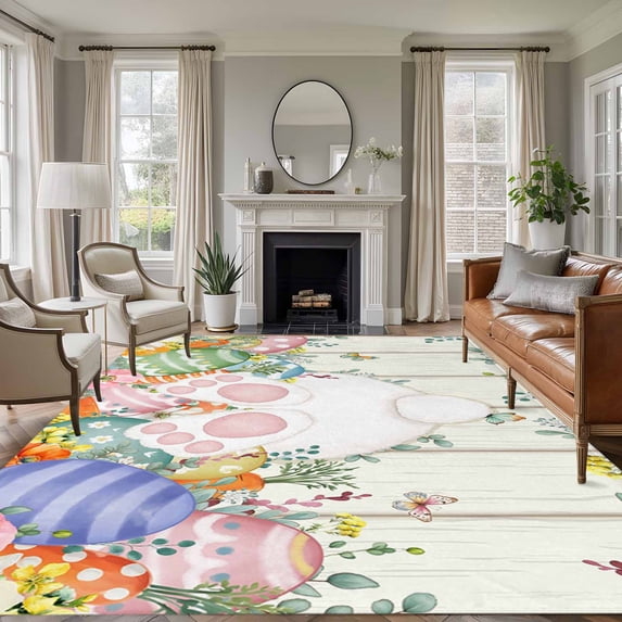 Easter Area Rugs 6'x9', Washable Small Throw Rugs for Kitchen Dining room, Spring Rabbit Ears Foot Colorful Eggs Leaf Floral Indoor Outdoor Rug Non-Slip Low Pile Carpet Runner Reversible Floor Mats