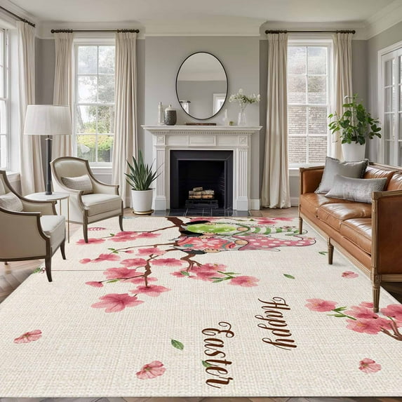 Easter Area Rugs 8'x10', Washable Small Throw Rugs for Living Room Patio, Country Spring Gnomes Flowers Colorful Eggs Retro Indoor Outdoor Rug Non-Slip Low Pile Carpet Runner Reversible Floor Mats