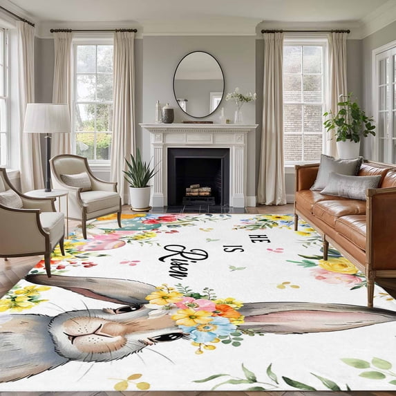 Easter Area Rugs 8'x10', Washable Small Throw Rugs for Living Room Patio, Easter Bunny Spring Watercolor He Is Risen Flowers Indoor Outdoor Rug Non-Slip Low Pile Carpet Runner Reversible Floor Mats