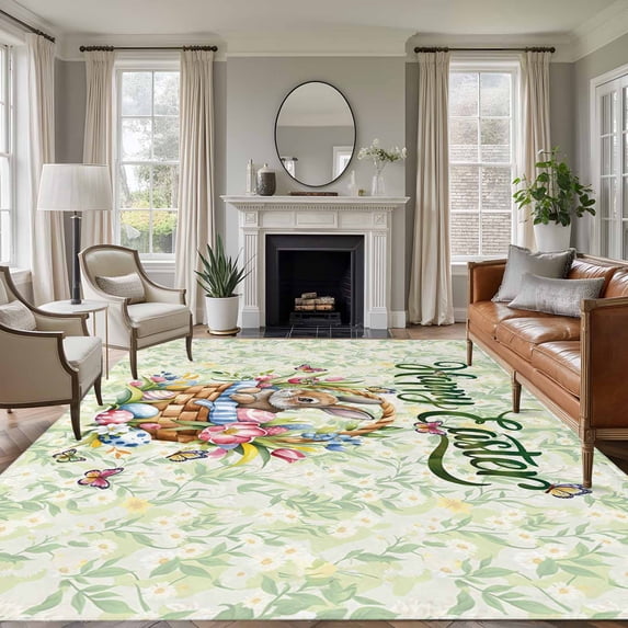 Easter Area Rugs 8'x10', Washable Small Throw Rugs for Living Room Patio, Spring Floral Easter Eggs Bunny Tulip Butterfly Indoor Outdoor Rug Non-Slip Low Pile Carpet Runner Reversible Floor Mats