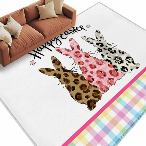 Easter Area Rugs Collection 5'x7', Spring Colorful Leopard Printed Bunny Flower Striped Non Slip Indoor Rectangle Throw Runner Rug Floor Mat Carpet for Living Room Dining Table Bedroom Nursery