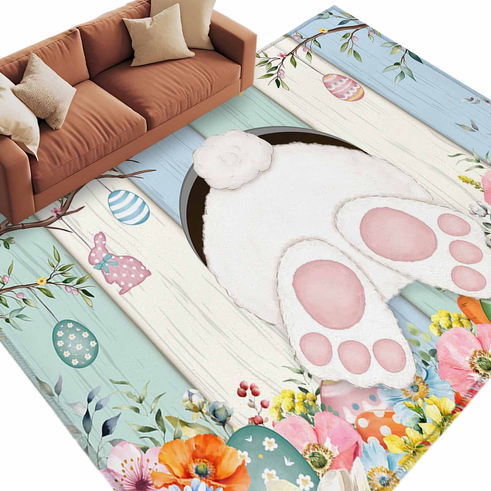 Easter Decor Rug Easter Area Rugs Collection 5'x7', Spring Watercolor Bunny Eggs Wood ...