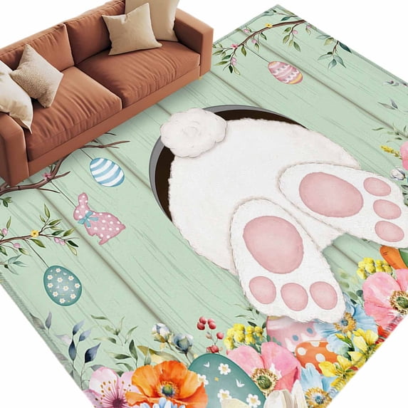 Easter Area Rugs Collection 5'x8', Spring Watercolor Bunny Eggs Wooden Grain Green Non Slip Indoor Rectangle Throw Runner Rug Floor Mat Carpet for Living Room Dining Table Bedroom Nursery