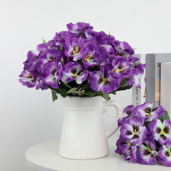 Easter Artificial 5-Branch Pansy Flower Arrangement, Realistic Faux Silk Pansy Bouquet, Lifelike Fake Floral for Home Landscaping, Living Room Vase Decor and Easter Festive Ornaments, 7*13in, Purple