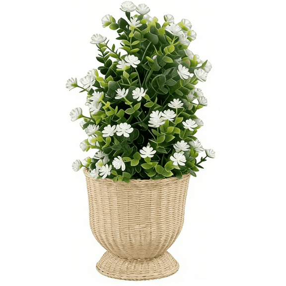 16" White Woven Resin Urn Planter, Artificial Camellia Flowers Outdoor Decoration, Natural Woven Urn Planter Collection, Faux Rattan Pedestal Planter, for Easter & Seasonal Outdoor/Indoor Decor
