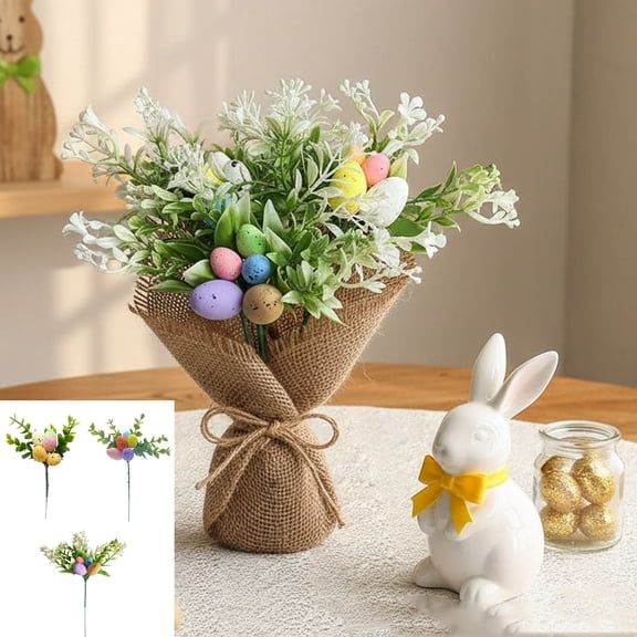 Easter Artificial Egg Flower Stem, Colorful Faux Egg & White Floral Design, Lightweight Plastic Yard/Table Decor, Seasonal Accent for Spring & Easter Displays C