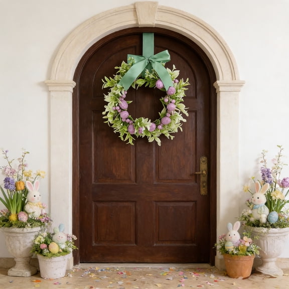 Easter Artificial Flower Wreath – Colorful Egg & Bow Garland for Tabletop or Hanging Display – Spring Candlestick-Inspired Decoration for Indoor Outdoor Use
