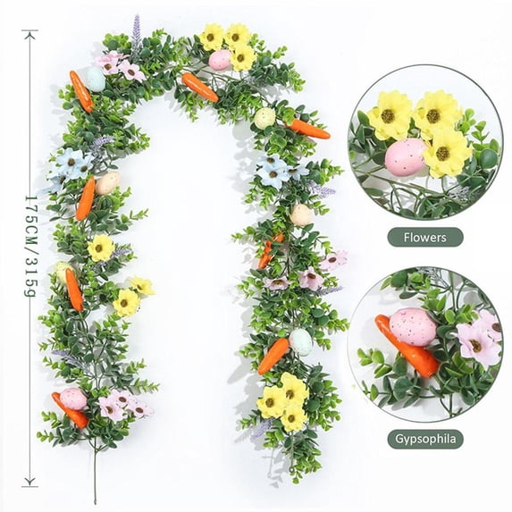 Easter Artificial Garland with Carrots and Eggs, 68in Spring Decorative Hanging Vine