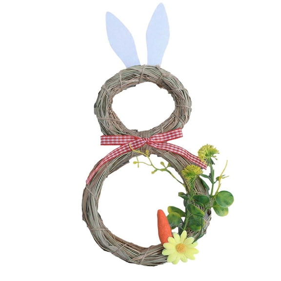 Easter Artificial Grass Woven Rabbit Wreath Spring Bunny Wreath for Front Door Easter Decorations with Carrots and Flowers for Home Decorations