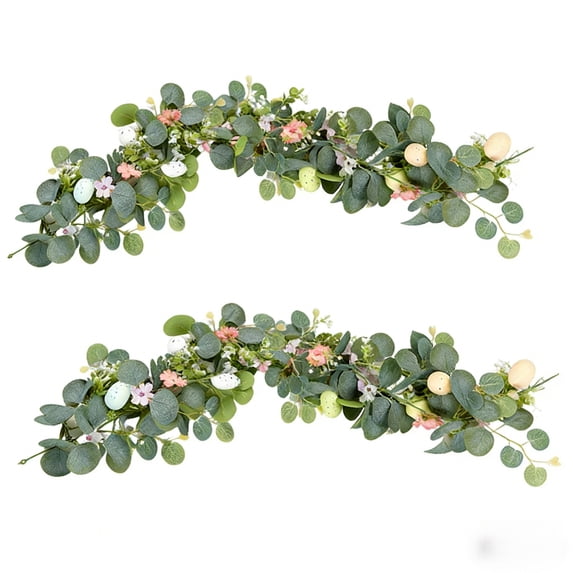 Easter Artificial Rattan Eucalyptus Leaf Garland with Colored Eggs & Small Flowers Spring Vine Decoration for Mantel Doorway Staircase Festive Home Holiday Ornament