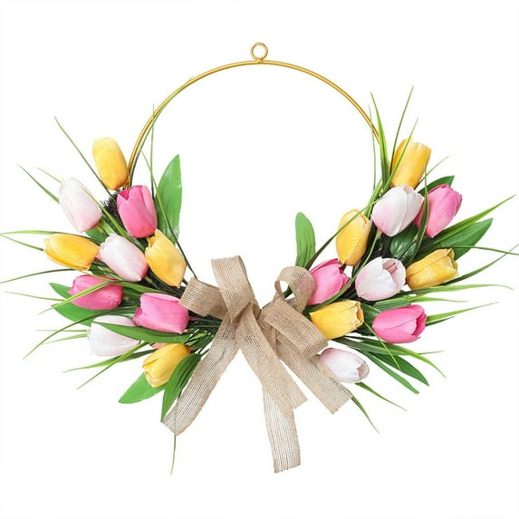 Easter Artificial Tulips Wreath Wrought Iron Door Decor with Lifelike Flowers and Greenery, Perfect for Holiday Home Enhancement, Stylish Scene Decoration and Long-Lasting Fresh Look