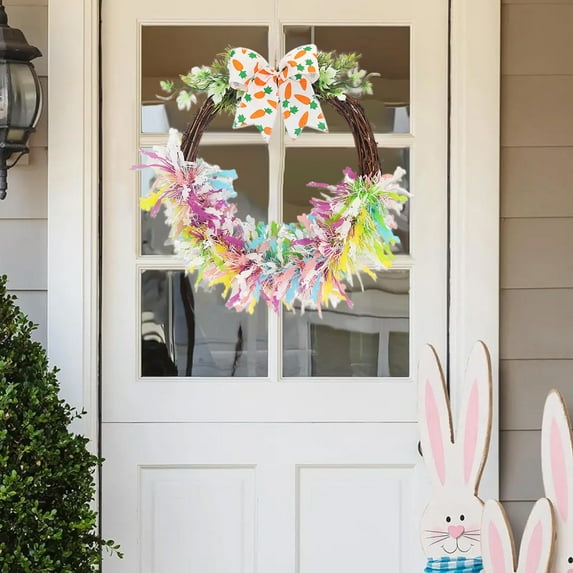 Easter Artificial Wreath Adorned with Colorful Eggs 3D Bunnies & Fancy Ribbons, Spring Party Festive Wreath, Door Hanging Ornament for Easter Holiday Home Indoor Outdoor Decor
