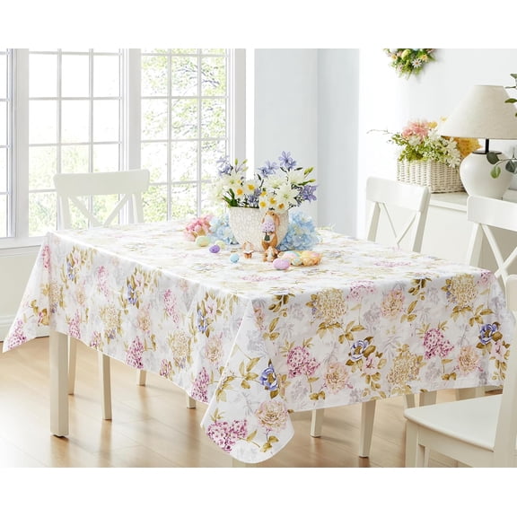 Easter Avery Garden Blooms and Buds Vinyl Rectangle Tablecloth, Hydrangea Pink Floral 60 x 102 Inch Flannel Backed Table Cloth for Holiday Dining Parties