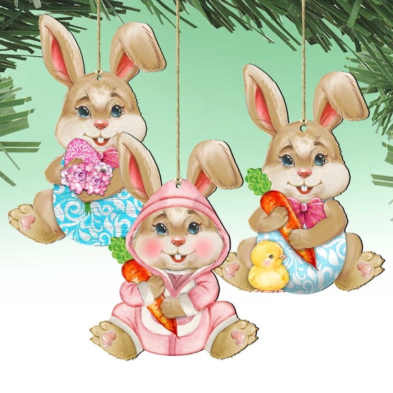 Easter Baby Bunny Wooden Ornaments Set of 3 by G. DeBrekht | Easter Spring Décor - 815432-1S3