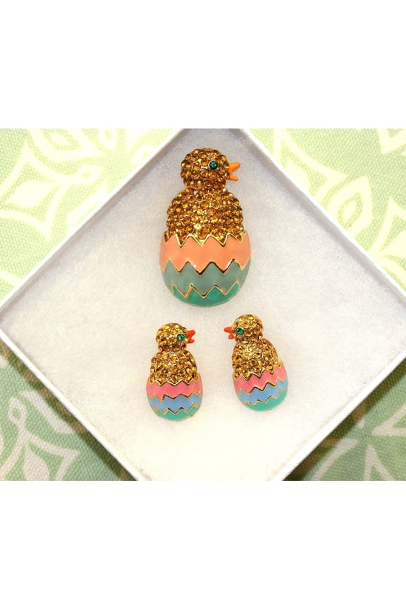 Easter Chick Rhinestone and Enamel Earrings Set, Includes Brooch Pin and Stud Earrings