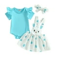 thumbnail image 1 of Easter Baby Girls Clothes Set Solid Color Short Sleeve Crew Neck Romper Rabbit Straps Skirts Overalls Headband 3Pcs Set, 1 of 10