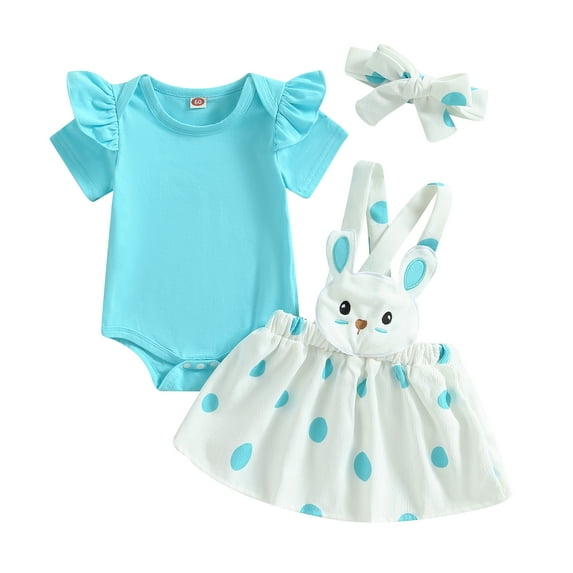 Easter Baby Girls Clothes Set Solid Color Short Sleeve Crew Neck Romper Rabbit Straps Skirts Overalls Headband 3Pcs Set