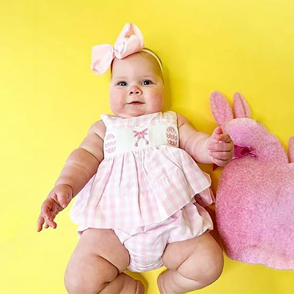 Easter Baby Outfit Easter Egg and Bow Embroider Ruffled Sleeve Tutu Romper Dress with Headband Girls Outfits for Toddler Girls 12-18 Months