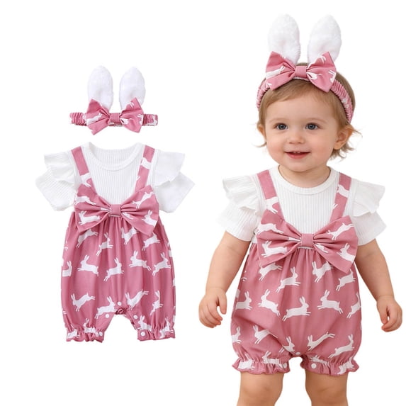 Easter Baby Outfit Short Sleeve Cute Print Bodysuit and Headband Set Girls Summer Clothes Outfits for 3-6 Months Old Girl