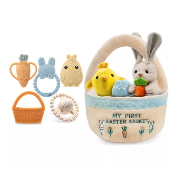 Easter Baby Plush and Teether Playset, Includes Bunny, Carrot, Chicken, Rattle Egg & Basket, Perfect Sensory and Decorative Gift for Babies & Newborns