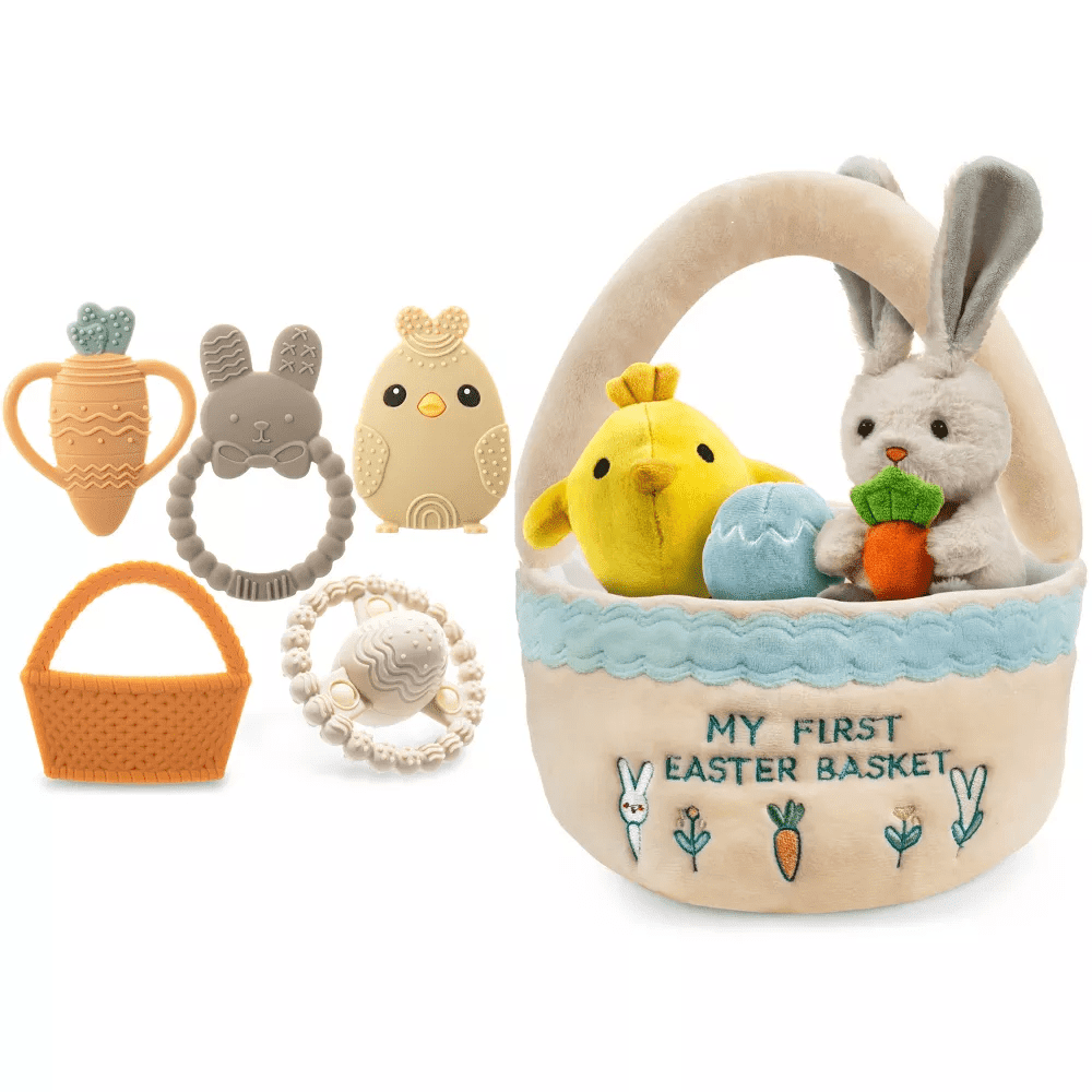 Easter Baby Plush and Teether Playset, Includes Bunny, Carrot, Chicken, Rattle Egg & Basket, Perfect Sensory and Decorative Gift for Babies & Newborns