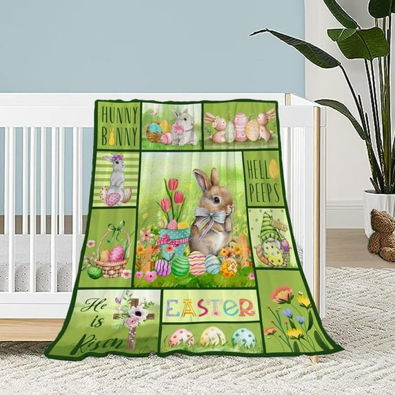 Easter Baby Throw Blanket Small Green Plaid Rabbit Egg Bunny Gnome Blanket Spring Flower Floral Blanket for Toddler Swaddle Soft Fuzzy Fleece Holiday Blanket Gift for Baby 30x40