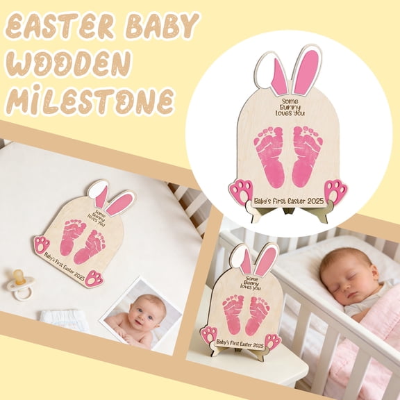 Easter Baby's First Wooden Infant Handprint I Sign, Wooden Craft Milestone Sign With Stand, 1Pc Sign + 1Pc Stand For Baby Photo Prop & Memory Keepsake