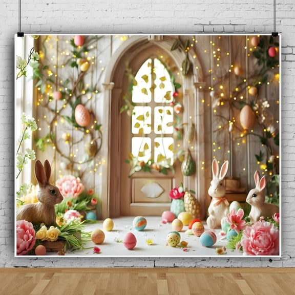 Easter Backdrop 10x8ft Spring Glitter Wooden House Bunny Floral Photography Backdrops Outdoor Party Decorations Baby Shower Birthday Photo Background Studio Props