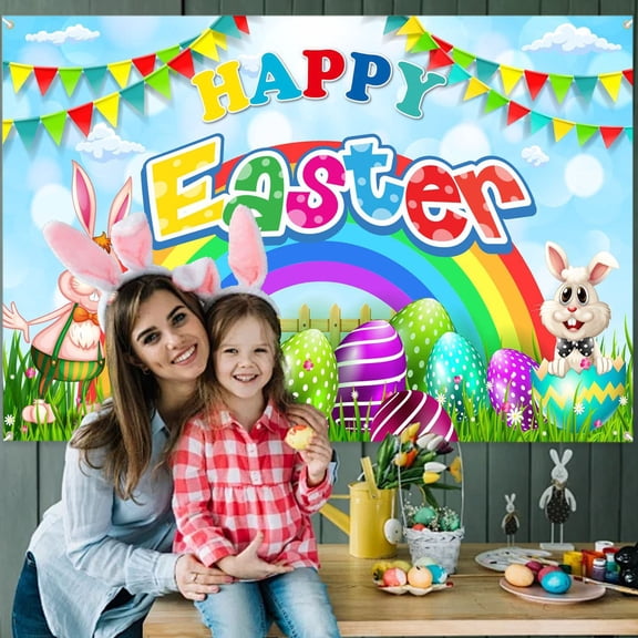 Easter Backdrop, 70.8 x 43.3 inches, Polyester, Happy Easter Design, for Photography, Party Decorations, Indoor-Outdoor Use