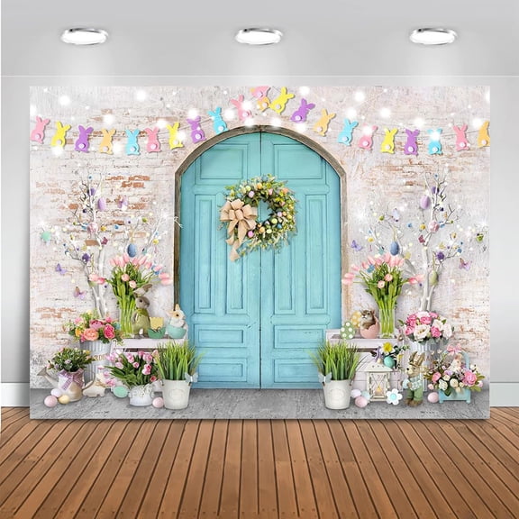 Easter Backdrop Blue Wooden Doors Brick Wall Bunny Rabbit Spring Photography Backdrops Day Party Decorations Photo Background Studio Props (7x5ft (82x60 inch))