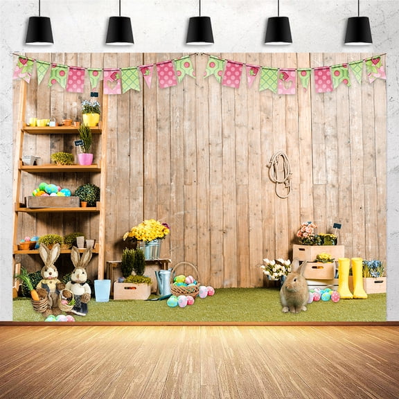 Easter Backdrop,Spring Flower Photograph Backdrop,Rabbit Colorful Eggs Photography Backdrop Background,Wooden Wall Backdrop,Kids Children Easter Party Supplies Decorations 8X6FT